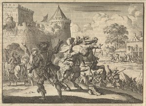 1620年、プレスブルグ（ブラチスラバ）の壁から撃たれた後、帝国の司令官ダンピアが馬から落ちる 作： Jan Luyken