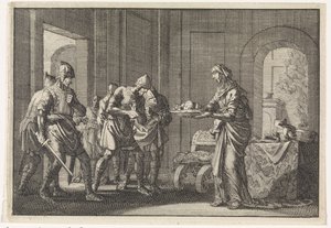 母は、1704年のエルサレムでの飢饉の間に、彼女の食べた子供の残骸を戦士に見せました。 作： Jan Luyken