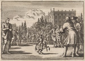 マドリッドの広場では、1675 年にスペイン王の小人であるルイジロの周りに群衆が集まっています。 作： Jan Luyken