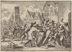 コルネリス・デ・ウィットの像が人々によって破壊されたドルドレヒトの暴動、1672年 作： Jan Luyken
