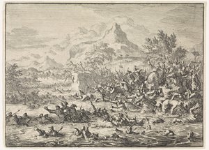 プラキドスはヨルダンでユダヤ人を打ち負かし、彼らを川に追いやる 作： Jan Luyken
