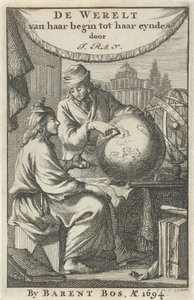 地球儀を研究する二人の男性 タイトル ページ: J. レイ、世界の始まりから終わりまで、1694 年 作： Jan Luyken