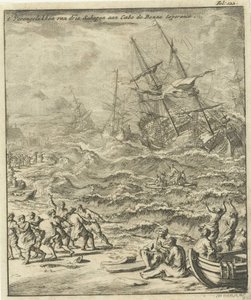 喜望峰の難破船、1693 年 カボ・デ・ボンヌ・エスペランスでの 3 隻の船の墜落 (オブジェクトのタイトル) 作： Jan Luyken
