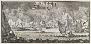 1687年の火災時のアムステルダム近郊のドゥルガーダム村の眺め（彫刻） 作： Jan Luyken