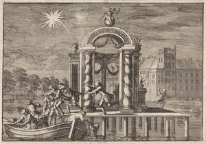 1688 年、ジェームズ 2 世の息子の誕生を記念して、ハーグのファイフェルベルクにある大きな装飾で逃げる花火職人 作： Jan Luyken