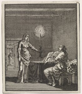 暗い部屋で読書をしている女性をろうそくで照らす女性 作： Jan Luyken