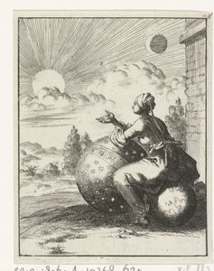 地球儀の上に座り、天球儀にもたれて夕日を眺める女性 作： Jan Luyken
