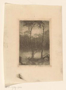 水辺の 2 本の木 夜の小川（原題） 作： Jan Mankes (signed by artist)