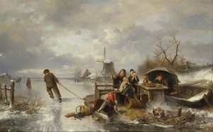 冬の風景の中で凍った湖で遊ぶ子供たち（キャンバスに油彩） 作： Jan Mari Henri Ten Kate