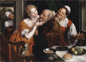 Le couple mal assorti - The Ill-matched Couple, by Massys (Matsys), Jan (1510-1575).木に油彩