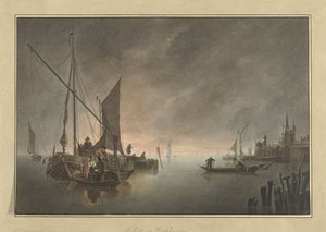 日没時の城壁都市の前の船 作： Jan Matthias Cok