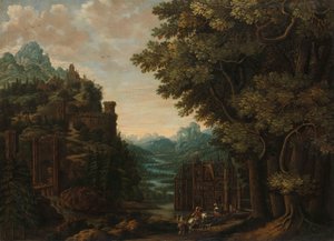 川の谷と城のある山岳風景 作： Jan Meerhout