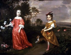 風景の中の2人の子供と1匹の犬 作： Jan Mytens or Mijtens