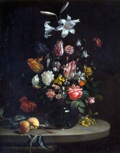 静物画です。ガラスの花瓶に入った花のブーケ 作： Jan Olis