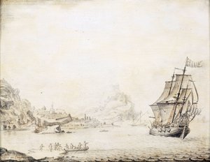 1677年、サタリア（トルコ）沖のイギリス船。岩だらけの海岸線に囲まれ、古代の城壁とミナレットがある。木に油彩