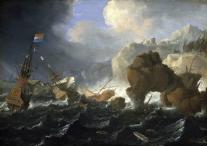嵐の中、岩場に座礁したオランダ船とガレオン船。ヤン・ピーテルス（1624-1677）作、木に油彩。 作： Jan Peeters