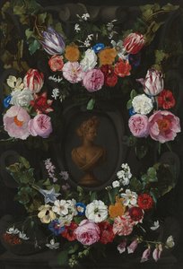 スワッグと花のスプレーで飾られたカルトゥーシュ 作： Jan Philip van Thielen