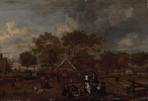 紳士農夫とその妻と画家が前景にいる農場 作： Jan Pietersz Opperdoes
