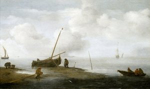 ムール貝漁、岸辺に浮かぶ漁船、籠に入ったムール貝を集める3人の男たち。1622年、ヤン・ポルセリス（1580-1632）作、キャンバスに油彩。 作： Jan Porcellis