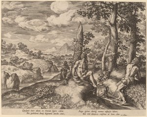 3 人の裸の男性と犬のいる風景 作： Jan Sadeler I after Gillis Mostaert