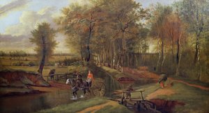 数字のある森のある川の風景、馬とカート、1692