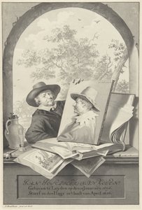 ヤン・ファン・ゴイェンの絵と肖像画が入ったフォルダを持つ男
