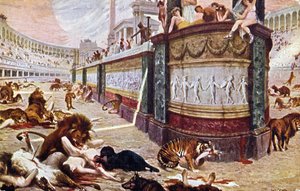ローマのアリーナでの血まみれのゲームを描いたポストカード、1910年の「クオヴァディス」のイラスト