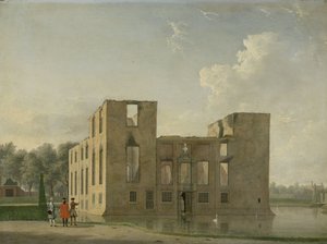 火災後の Heemstede の Berckenrode 城の背面図 1747 年 5 月 4 ～ 5 日の火事の後、ヘームステーデのベルケンローデ城: 背面図 作： Jan Ten Compe