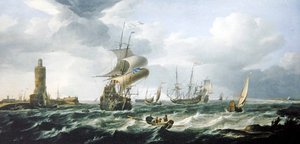 そよ風の中、オランダ船が行き交う河口（油彩・キャンバス） 作： Jan Theunisz Blankerhoff