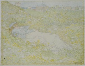 ノールトワイク近くの砂丘に横たわる女性 ノールトワイクのシルエットを背景に草むらに横たわる少女 作： Jan Toorop