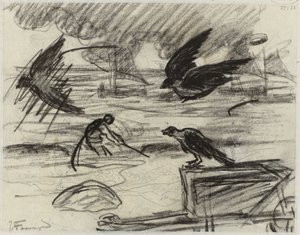 鳥と手押し車の前景に、漁師と海の風景 作： Jan Toorop