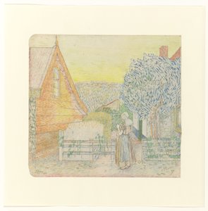 中庭で編み物をするゼーラントの少女 作： Jan Toorop