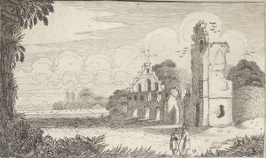 廃墟の教会と会話する 2 人の羊飼いのいる風景 作： Jan Van de Velde