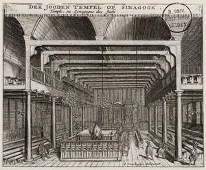 アムステルダムのポルトガル・シナゴーグの内部 - Veenhuysen, Jan (active 1656-1685) - 銅版画 - 11,2x13,7 - Leiden University Library 作： Jan Veenhuysen