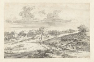砂丘の風景、道路沿いに人影があり、遠くにコテージがある 作： Jan Vermeer van Haarlem (I) (attributed to)