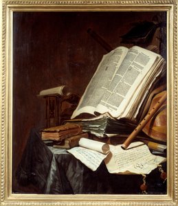 本と楽器 ヤン・フェルミューレン(1638-1674)の絵画 17世紀 Sun.0,78x0,69 m ナント、ミュゼ・デ・ボザール 作： Jan Vermeulen