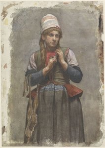 スケート靴を履いた伝統的な衣装を着た立っている女の子 作： Jan Veth