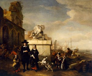 ローマ時代の遺跡のある画家とその家族（キャンバスに油彩） 作： Jan Baptist Weenix