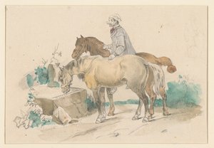 水とトラフの近くに 2 頭の馬を持つ農夫 作： Jan Weissenbruch