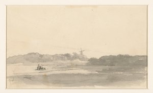 干し草のワゴンと風車のある牧草地の風景 作： Jan Weissenbruch