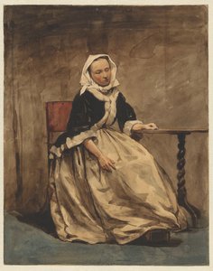 小さなテーブルの隣に座っている女性 作： Jan Weissenbruch