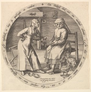 叱る女とカチャカチャする雌鶏、ca。 1568年。 作： Jan Wierix