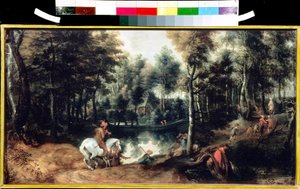 森の中のキャバリアーズ（木の中の騎手）。 Jan Wildens（1586-1653）によるPeinture。 木製オイル、32.5 x 59.3 cm、1620年頃。16世紀のフランドル芸術。 モスクワ、ビューアスアーツプーシキン博物館。 作： Jan Wildens
