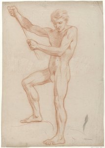 立っている男性のヌード、上げられた腕に棒を保持 作： Jan Willem Pieneman