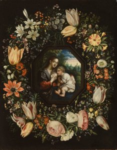 花のガーランドのマドンナと子供、c.1625（銅に油彩）