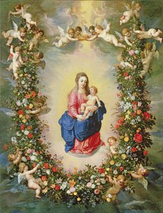 花のガーランドに囲まれた聖母子は、ケルビムに高く掲げられていた、c.1624（銅に油彩）