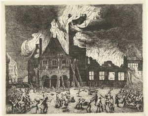 アムステルダム旧市庁舎の火事、1652 年 1652 年 7 月 7 日に旧スタダイスからアムステルダムまでの画像が焼失 作： Jan de Baen