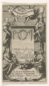 ドルドレヒトを望むフレームの周りの 4 人の人物 タイトル ページ: ドルドレヒチェ アルカディア、1701 年 作： Jan de Jonge