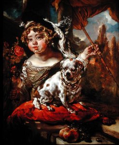 羽根付きの帽子をかぶり、鷹と槍を持ち、パグを前に座らせる少年の肖像 作： Jan or Joan van Noordt