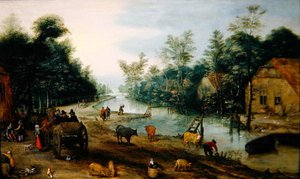 旅人が宿に到着した夏の木立の川の風景（油彩・パネル） 作： Jan the Elder (circle of) Brueghel
